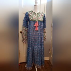 SZ BLOCKPRINTS - SILK JODHPUR DRESS - FADED ROSE & LONDON  - M - SLOW FASHION